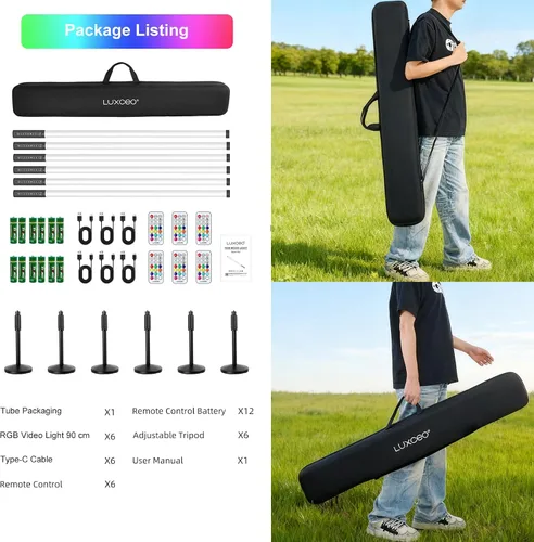 Vista 8 de Paquete de 6 Luces de Tubo LED RGB de 3 Pies Portátiles con Batería de 5000mAh con Soporte y Control Remoto, 500 Efectos de Iluminación, Barra
