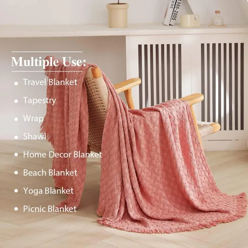 Vista 5 de Simple&Opulence Manta 100% algodón para sofá, cama, manta de punto gofre con borlas, suave, ligera, prelavada, transpirable, cómoda, decoración