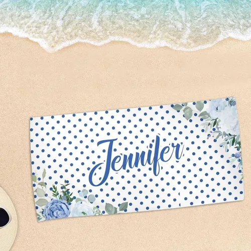 Vista 5 de Artsadd Toalla de playa personalizada con nombre, toallas de playa personalizadas con puntos azules y flores, toallas de playa con nombre