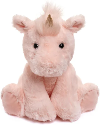 Vista 2 de Peluche de unicornio rosa, unicornio de felpa esponjoso de 10 pulgadas con cuerno dorado brillante para niñas