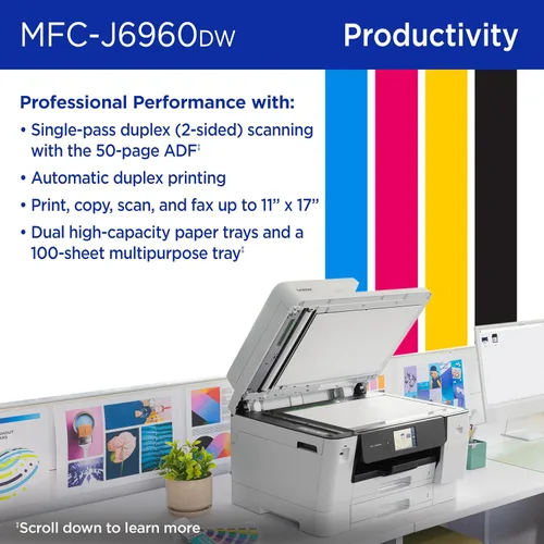 Vista 6 de Brother INKvestment 6960 Impresora inalámbrica de inyección de tinta a color todo en uno con capacidades de 11 x 17 pulgadas y pantalla táctil a