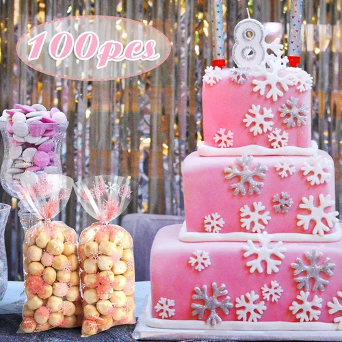 Vista 5 de Clabby 100 Piezas Bolsas de Celofán para Dulces de Navidad Rojas Verdes con Copos de Nieve Bolsas de Plástico Cello para Dulces y Golosinas
