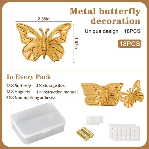Vista 4 de 18 piezas de decoración de mariposa dorada, calcomanías de pared de mariposa 3D extraíbles, calcomanías de imanes para refrigerador, decoración