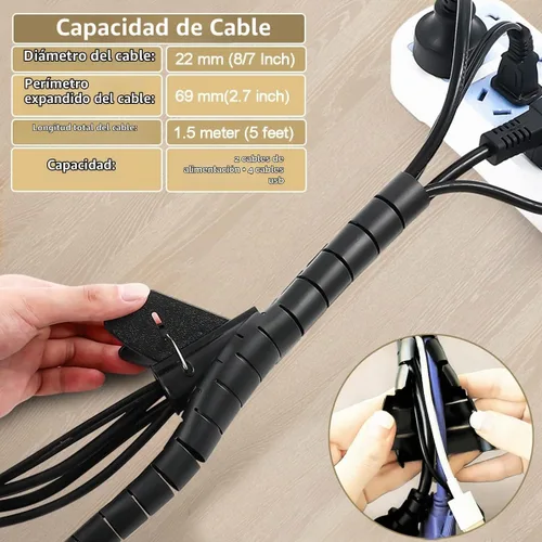 Vista 2 de Funda negra para organizar cables de computadora, organizador de cables debajo del escritorio, 7/8 pulgadas a 5 pies, fácil de instalar, solución