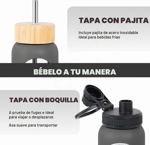 Vista 3 de Botella de agua de vidrio de 32 onzas con marcador de tiempo, tapa de boquilla con asa de 2 tapas y tapa de popote de bambú, botella de agua Negro