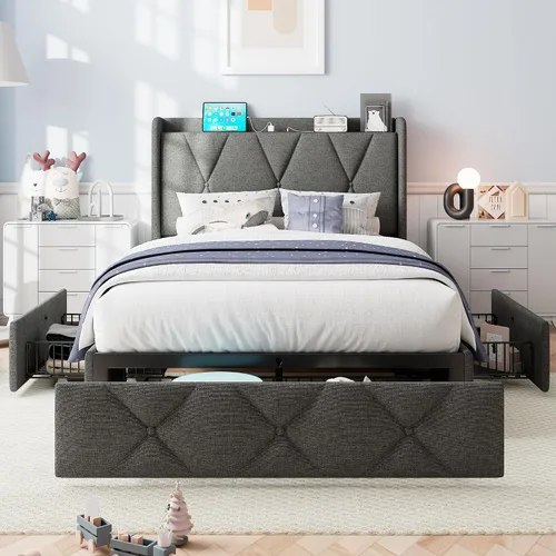 Vista 10 de iPormis - Marco de cama de tamaño matrimonial con 4 cajones de almacenamiento, base de cama tapizada con estación de carga, cabecera de Beige