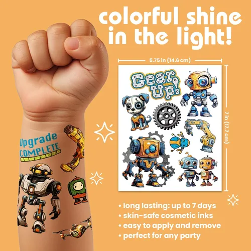 Vista 3 de 50 tatuajes temporales de Blunder Bots: tinta metálica, segura para la piel, ideal para fiestas de cumpleaños, regalos para niños y niñas de 4 a 12