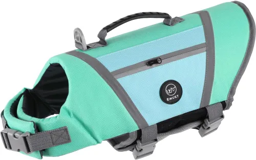 Vista 8 de EMUST Chaleco salvavidas para perro, chaqueta ligera con bolsillos, elegante preservador con asa de rescate y rayas reflectantes para nadar