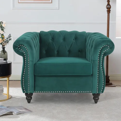 Vista 24 de LEVNARY Sillón Chesterfield de Terciopelo, Sillón Individual de Estilo Moderno de Mediados del Siglo con Respaldo de Botones y Decoración con Beige