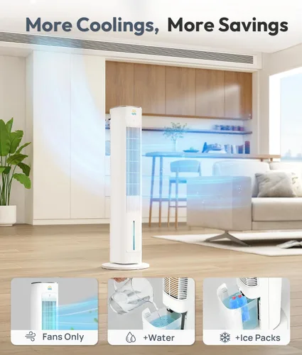 Vista 10 de Enfriador de aire evaporativo portátil, ventiladores de enfriamiento 3 en 1 que soplan aire frío con tanque de agua de 3 L, ventilador de torre