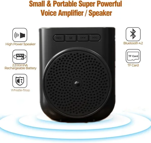 Vista 4 de Mini amplificador de voz recargable portátil con micrófono con cable y cintura, compatible con Bluetooth y funciones de grabación, compatible