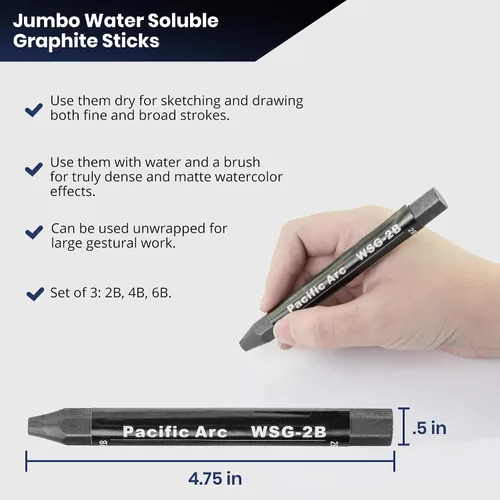 Vista 3 de Pacific Arc Juego de 3 palitos de grafito solubles en agua jumbo, suaves 2B, 4B, 6B