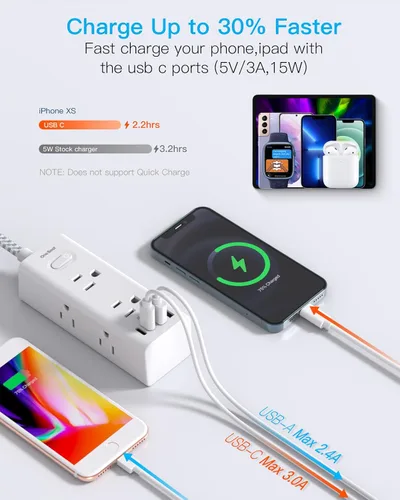 Vista 4 de One Beat Cable de extensión corto de 1 pie, regleta de alimentación de enchufe plano, 6 salidas amplias con 3 puertos USB (1 USB C), regleta