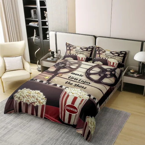 Vista 2 de Homewish Theater Cinema Poster 100% Cotton Duvet Cover Twin Size,Retro Movie Bedding Set 2Pcs for Kids Girls Boys Room Decor,Popcorn Comforter Cover