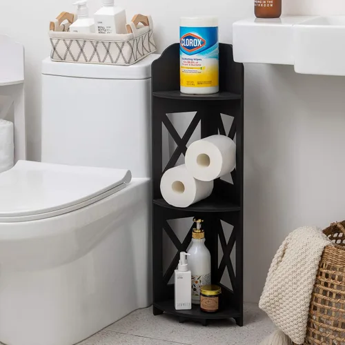 Vista 4 de TuoxinEM - Mesa de esquina perfecta para espacios pequeños, estante de baño de esquina ideal para almacenamiento de papel higiénico, color negro