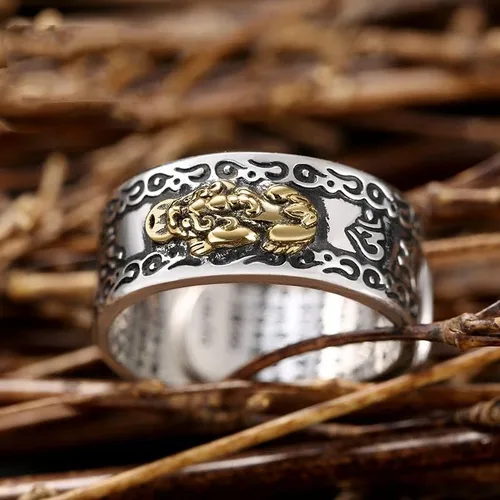 Vista 2 de SUKKCCNO Anillo abierto PiXiu de plata de ley 925 vintage con nubes auspiciosas, sapo dorado, Vajra, grabado, amuleto budista de Feng Shui, anillo