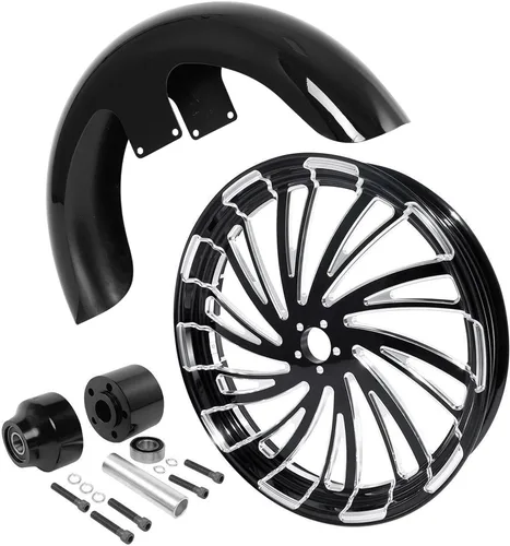 Vista 124 de TCMT Llanta de rueda delantera de 21", buje de rueda de brida de doble disco con guardabarros delantero negro sin pintar, compatible con modelos