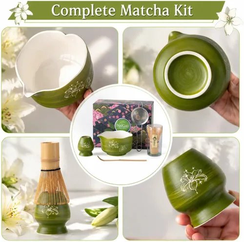 Vista 5 de Buucup Juego de matcha, 5 piezas de aguacate verde matcha con cuenco en forma de corazón con boquilla, batidor de bambú, cuchara, tamiz y soporte