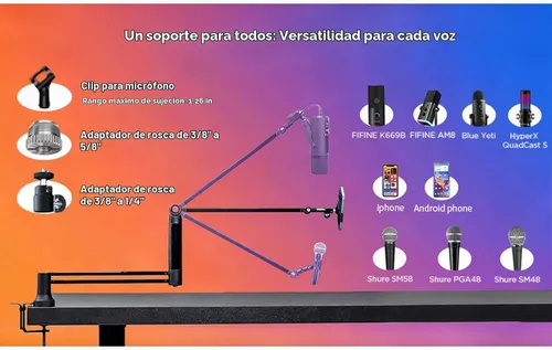 Vista 7 de mic brazo de palo ajustable con abrazadera de montaje de escritorio tornillo adaptador gestión de cables, para Audio-Technica shure sm58 beta58 sm7b