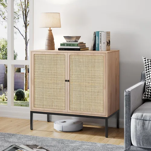 Vista 13 de Brafab Aparador negro con puertas decoradas de ratán natural, 31.5 pulgadas de ancho, armario de almacenamiento de ratán Credenza, gabinete bohemio