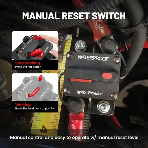 Vista 2 de RED WOLF Disyuntor de Circuito de 100A con Conector de Terminal de Anillo de Batería de Calibre 6, Interruptor de Reinicio Manual para Motor