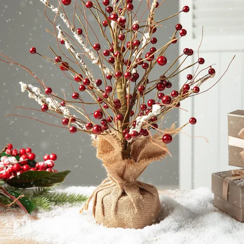 Vista 5 de Glitzhome Árbol de mesa de bayas rojas de Navidad de 16 pulgadas de alto con base de arpillera, centro de mesa decorativo de bayas para Navidad Día