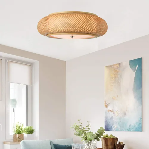 Vista 9 de Iluminación hecha a mano con montaje empotrado de bambú creativo, lámpara de techo de ratán, 2 luces, luz colgante vintage para sala de estar 40 cm.