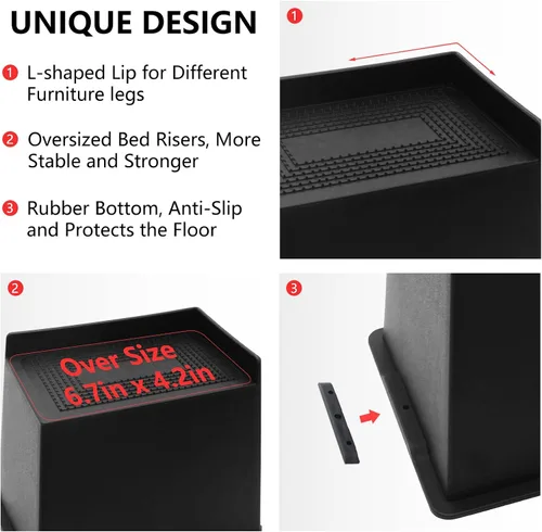 Vista 6 de Paquete de 8 elevadores de cama de 5 pulgadas, resistentes, elevadores de muebles de gran tamaño, elevadores de cama extra anchos para sofá, mesa