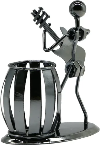 Vista 3 de Soporte para Bolígrafos de Escritorio, Porta Lápices de Estilo Guitarra para Regalos para Hombres, Linda Taza de Metal para Bolígrafos