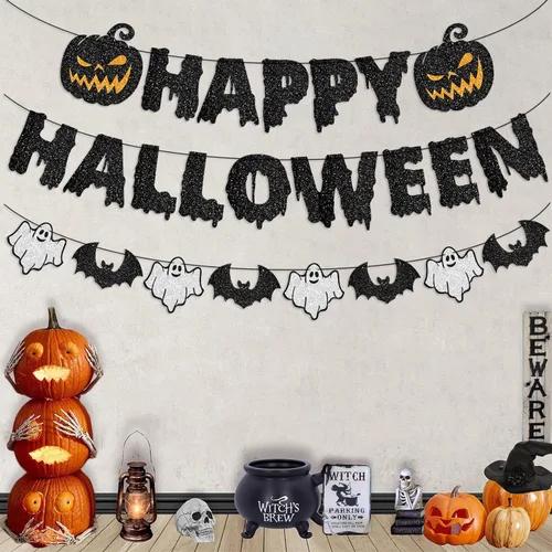 Vista 5 de Cartel de Feliz Halloween, guirnalda de papel para colgar, decoración de calabaza sangrienta, telón de fondo de fotos para pared, hogar, manto