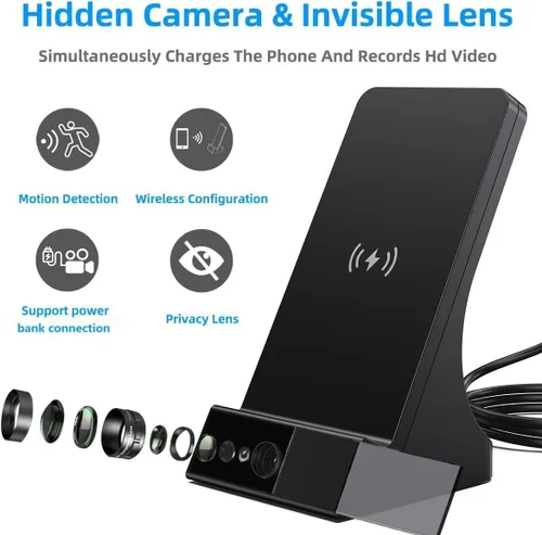 Vista 8 de Cargador de teléfono con cámara oculta, cargador inalámbrico, gran angular de 110°, WiFi de 2.4G/control remoto de aplicación gratuita, detección