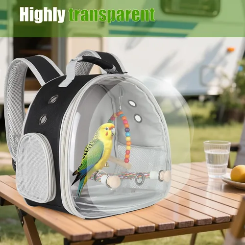 Vista 5 de Jaula portátil de viaje para loros con juguete pequeño oscilante y jaula de juguetes coloridos, bolsa de periquito para pájaros pequeños con bolsa