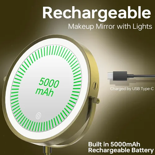Vista 4 de Espejo de maquillaje iluminado de 9 pulgadas con 1 aumento de 10x, espejo de tocador de aumento recargable de 5000 mAh con luces, 3