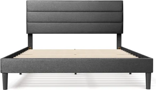 Vista 8 de BONSOIR Marco de cama tapizado de perfil bajo moderno de color gris de tamaño matrimonial con cabecero copetudo