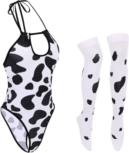 Vista 2 de IBTOM CASTLE Disfraz de vaca sexy dálmata de leopardo de leche peluda, traje kawaii, conjunto de lencería para mujer