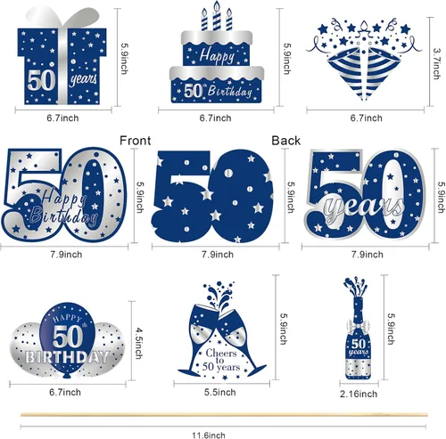 Vista 2 de 24 piezas de decoración de mesa de cumpleaños de 50 años, color azul y plateado, incluye 24 patrones de cartón, palos y puntos adhesivos, perfecto