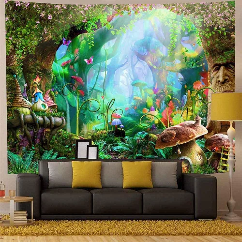 Vista 4 de Aidatain Tapiz de bosque de cuento de hadas, para colgar en la pared, diseño de hongos, de franela, grande, 80 x 60 pulgadas, tapices de paisaje