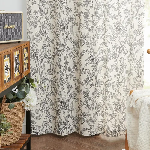 Vista 8 de JINCHAN Cortinas florales de lino para sala de estar, cortinas negras de estilo granja francesa de campo, cortinas de 63 pulgadas de largo, cortinas