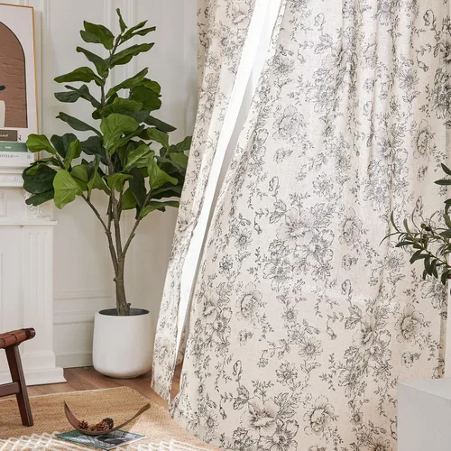 Vista 6 de Jinchan - Cortinas de lino floral de 120 pulgadas de largo para sala de estar, 2 paneles Negro sobre beige