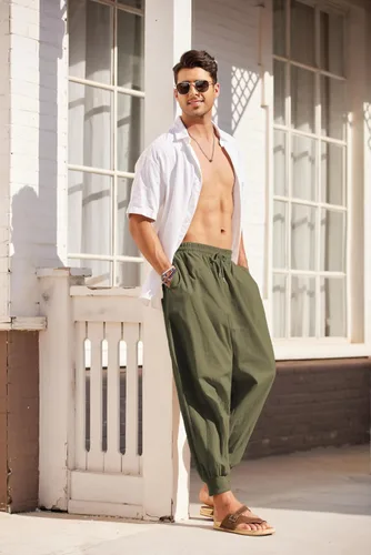 Vista 2 de COOFANDY Pantalones de harén hippie para hombre, holgados, de lino, bohemio, para yoga, casual, con entrepierna caída, pantalones
