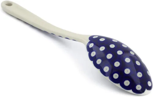 Vista 4 de Auténtica cuchara de cerámica polaca en diseño de pavo real de tulipán azul, hecha a mano en Bolesławiec Polonia por Ceramika Artystyczna +
