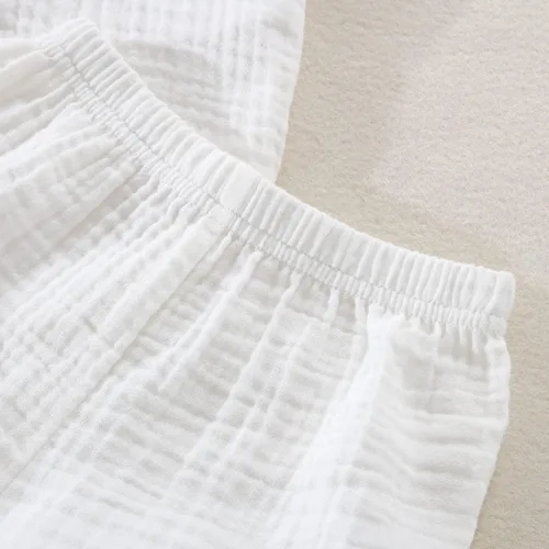 Vista 5 de Conjunto de ropa para bebés y niños pequeños, camisa con botones + pantalones cortos de gasa de algodón, traje de verano, 2 piezas con bolsillos