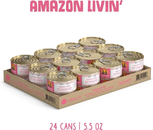 Vista 2 de Alimento para perros Weruva Classic, Amazon Livin' con pechuga de pollo e hígado de pollo en sopa de calabaza, lata de 5.5oz (24 unidades)