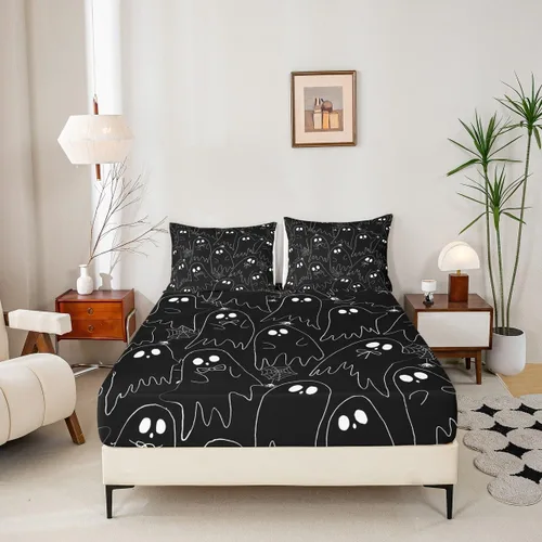 Vista 5 de Feelyou Juego de sábanas de fantasma negro para niños y niñas, tamaño individual, juego de sábanas de fantasma de calavera para niños, mujeres