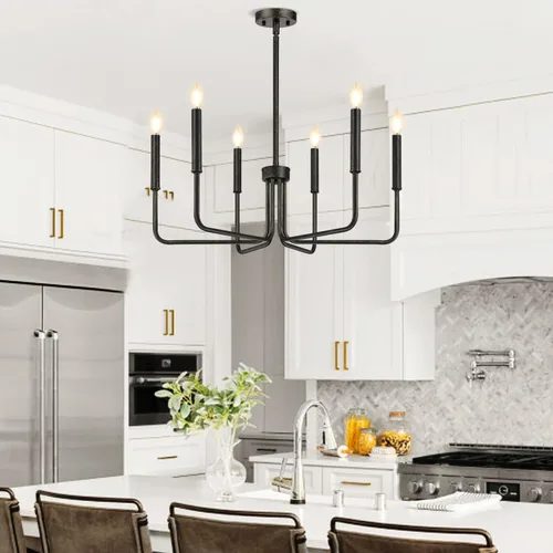 Vista 7 de Lynnoland - Candelabros de 6 luces de granja para comedor, accesorios de iluminación colgantes, lámparas industriales modernas para dormitorio Negro