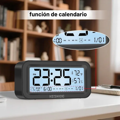 Vista 5 de Reloj despertador digital con luz nocturna, funciona con pilas, con temperatura interior y humedad, reloj pequeño de escritorio, modelo con función