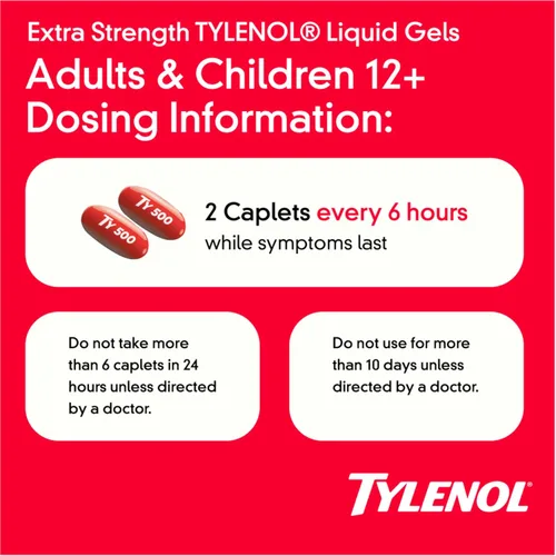 Vista 5 de Tylenol Geles líquidos extra fuertes, alivio del dolor rápido, fuerte, reductor de fiebre para adultos con 500 mg de acetaminofeno, cápsulas de gel