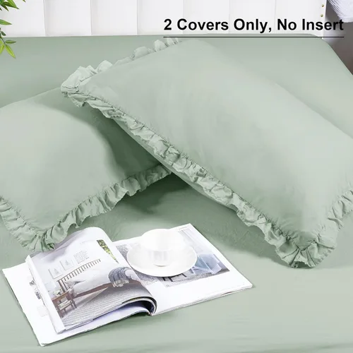 Vista 5 de PHF Fundas de almohada 100% algodón lavado con volantes, tamaño estándar, paquete de 2 fundas de almohada de 20 x 26 pulgadas, sin relleno, fundas