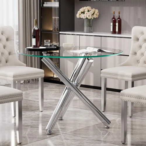 Vista 8 de Mesa de comedor redonda de vidrio para 2-3, parte superior de vidrio templado moderna, patas cromadas resistentes, almohadillas ajustables