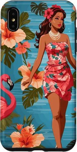 Vista 11 de iPhone 12 Pro Max Vintage Tiki Design - Funda hawaiana retro de flores hula y flamencos